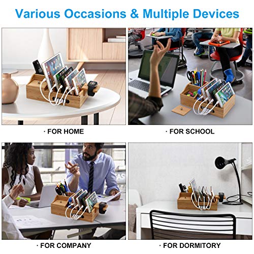 Pezin & Hulin Bamboo Charging Station, Multiple Devices Organizer for Phones,Tablet, Office Desktop Wooden Docking Stations (Include 5 x Charger Cable), Storage Box Stand for Pen, Key, Remote
