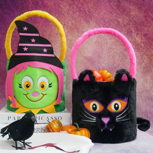 Image of Dia 7.9 inch * H 15.7 inch, Plush Halloween Baskets Trick or Treat Bags Halloween Candy Bucket, Gift Bucket for Party Favor Supplies (2Pcs-Witch&Black Cat)