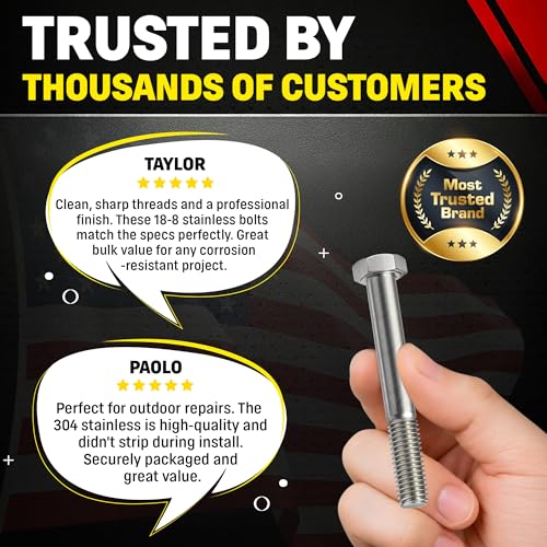 Image of Chenango Supply 3 /8-16 x 3 Stainless Steel Hex Head Bolts - 304 Stainless, USS Coarse Thread, 100,000-125,000 PSI Tensile Strength, Corrosion-Resistant Hardware Bolts, (25 Pieces, 3 /8-16 x 3)