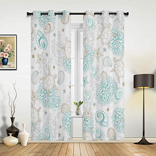 T&H Xhome Draperies & Curtains,Marine Ocean Sea Turtle Coral Shell Starfish Window Curtain, 2 Panel Curtains For Sliding Glass Door Bedroom Living Room 80" W By 84" L #TOP1