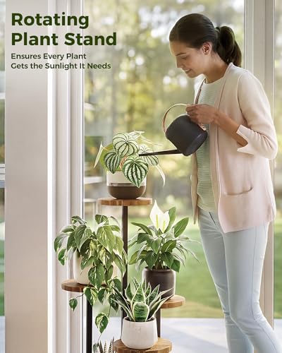 Bamworld Blumenständer Holz Pflanzenständer Pflanzenregal Indoor Blumenregal Kleines Metall Blumenständer für Terrasse, Garten, Balkon, Wohnzimmer, Schlafzimmer (4 Etagen)