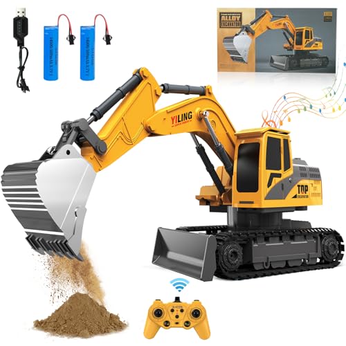 Trulloyoo Juguetes de excavadora de control remoto, excavadora RC 2 en 1 de 11 canales con excavadora, 680 juguetes giratorios de construcción con música ligera, cumpleaños para niños