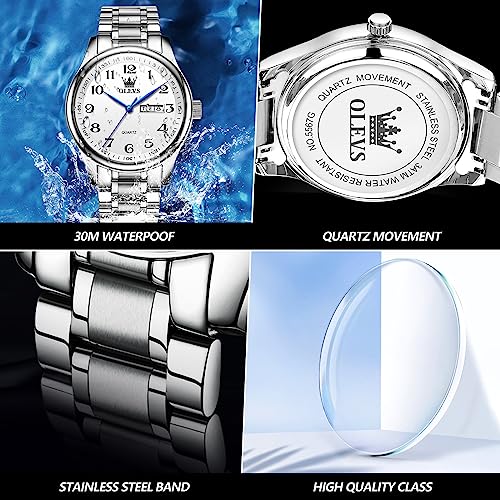 Image of OLEVS Mens Watch Stainless Steel Analog Quartz Watches for Men Day Date Easy Read Diamond Waterproof Dress Luxury Classic Casual Big Face Blue /Black /Gold /Silver Roman Arabic Numerals Men's Wrist Watch