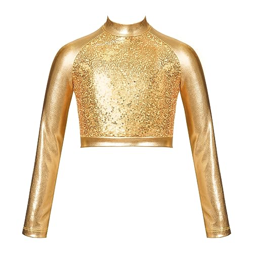 JanJean Girls Metallic Long Sleeve Dance Crop Tops Kids Mock Neck Athletic Tops Hip Hop Jazz Gymnastics Ballet Dancewear Gold 10 Years