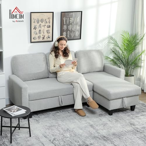 HOMCOM Canapé d'angle convertible réversible, canapé-lit 3 places 197 cm, méridienne, coffre de rangement, coussins lavables, tissu aspect lin, sofa moderne pour salon, bureau, appartement, gris clair – Image 3