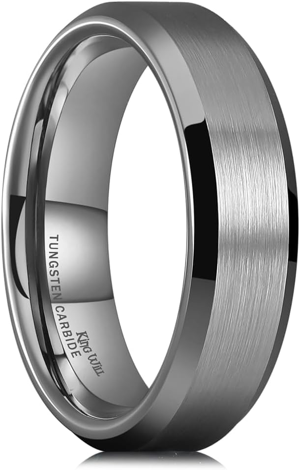 Tungsten Men's Wedding Ring - Available in 6mm to 10mm, Black/Silver, Matte Finish, Beveled Polished Edge, Comfort Fit