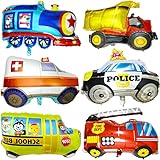 6PCS Car Balloons School Bus Fire Truck Train Ambulance Police Foil Balloons Vehicles Balloons for...