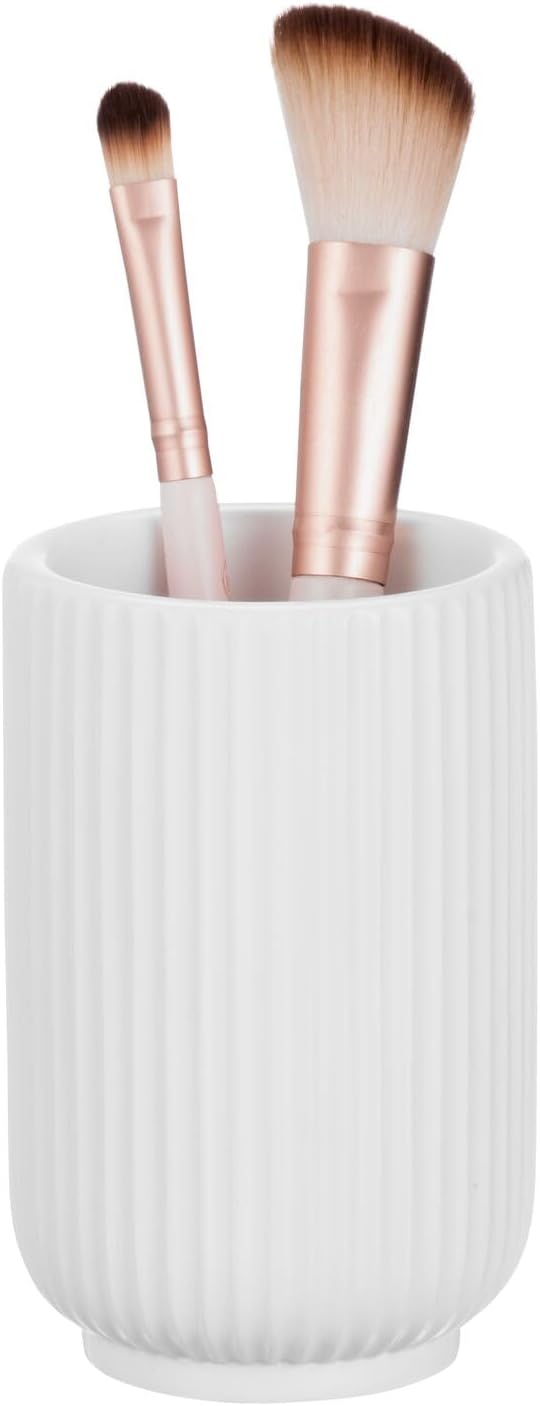 mDesign Fluted Resin 3-Piece Bathroom Vanity Countertop Accessories - Soap Dispenser, Tumbler Rinsing Cup, and Canister Holder Sets - Complete Modern Counter Aesthetic - Set of 3 - White