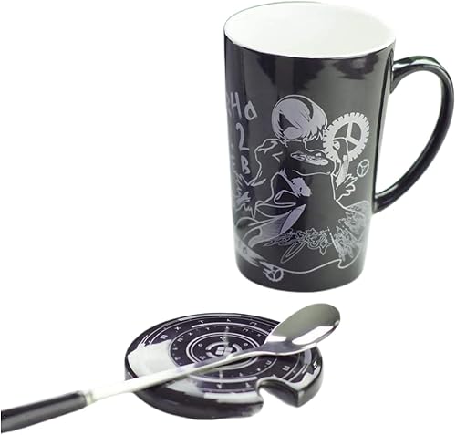 Miniatura 3 de damdos Tazas de café para autómatas Cosplay 2B, tazas de café de cerámica con tapa, bebida diaria, té, leche, vaso de café (12 onzas)
