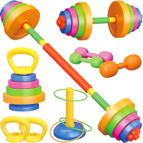 6-in-1 Kids Weight Set- Dumbbell, Barbell, Kettlebell, Ring. Kids Workout Equipment Toy for Children.Kids Exercise Equipment Adjustable Exercise, Toddler Weight Gym Workout Bench Set Gift for Boy Girl