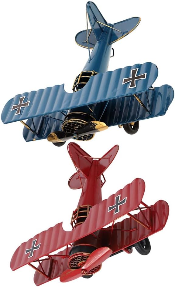 LUOZZY 2pcs Vintage Metal Airplane Model Desktop Ornament for Home Office Decor in Red and Blue