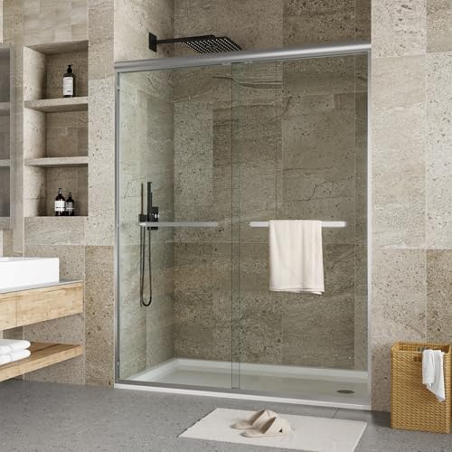 Image of GarveeTech 44 inch-48 inch W x 72 inch H Double Sliding Shower Door - Semi-Frameless Bypass Bathroom Door with 5 /16 inch(8mm) Tempered Glass, Brushed Nickel Finish, for Walk-in Shower & Bathroom