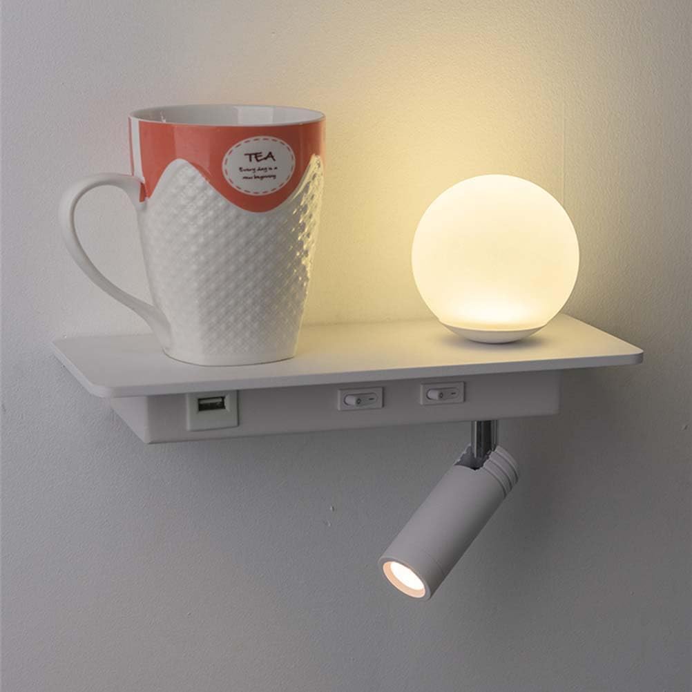 LED Wall Lights with switchable and USB Charging Port Ball with swivelling Reading lamp 3W + 5W with Shelf Bedside lamp for Bedroom Living Room Hotel,White