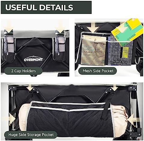 Overmont Folding Camping Trolley Cart with Big Wheels, Heavy Duty Cart Loadable up to 120kg, Collapsible Festival Wagon for Sports Garden Beach - Pull Along Trolley with Adjustable Handle, Black