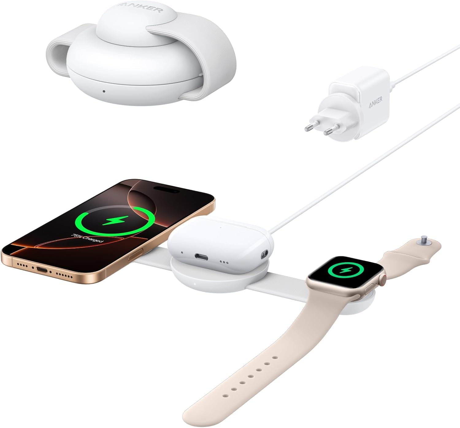 Anker MagGo 3-in-1 Kabellose Ladestation Qi2 15W faltbar | MagSafe-kompatibles Reise-Ladepad mit EU/US/UK Stecker für iPhone 17/16, AirPods und Apple Watch (keine Powerbank)