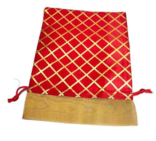Image of 13CM X 18CM Small Drawstring Bags Pouches Potli for Gift Wedding Jewelry Packaging Bridal Party Favors for Women (15pc Pack, Red Color Golden Berfi Print)