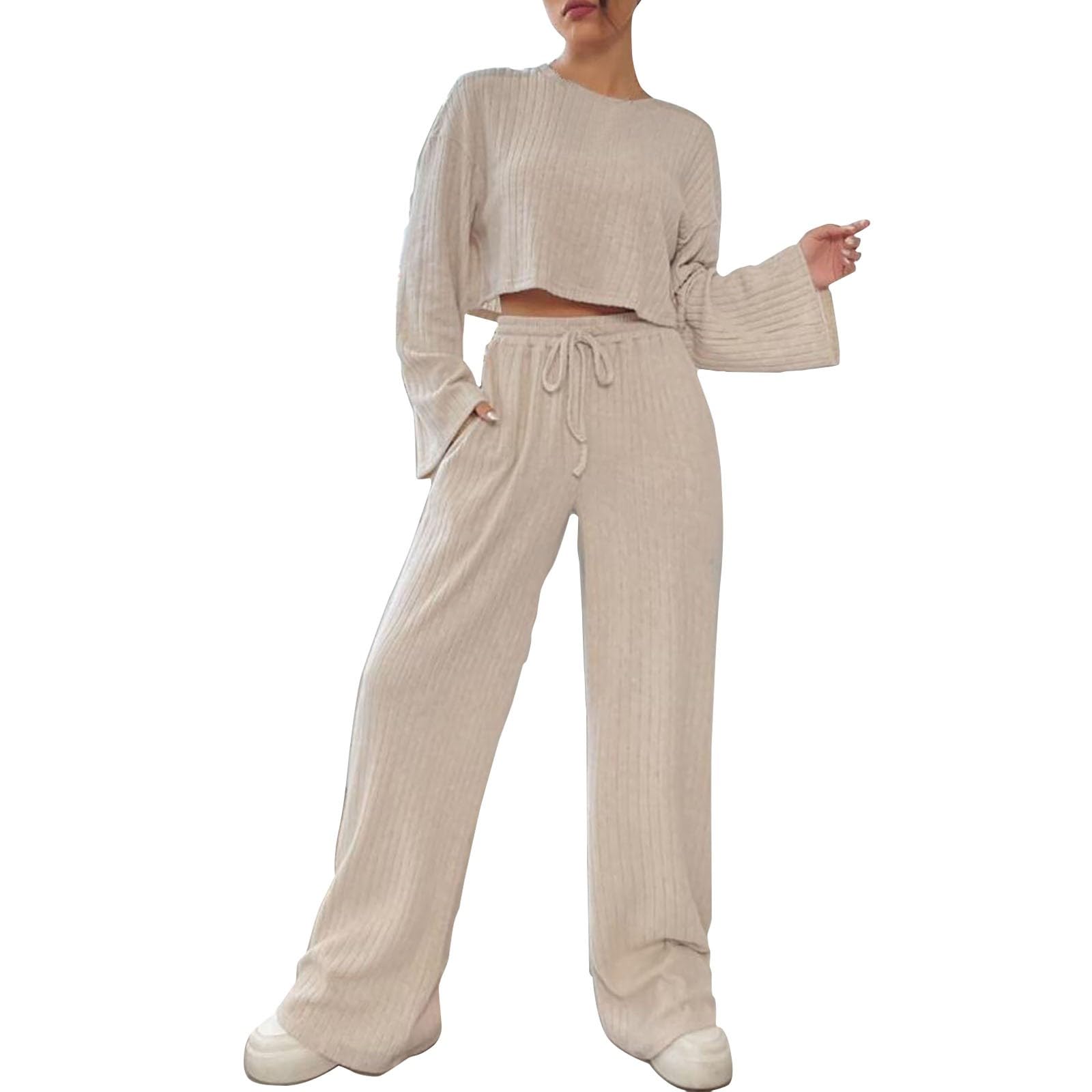 Combinaison Femme Pull Pantalon Laine Hiver - Ensemble Coordonné Chaud, Manches Longues, Jambe Large