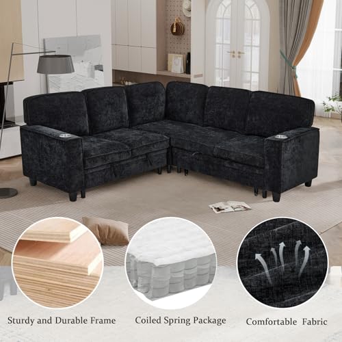 Image of KEIKI 81 inch L-Shaped Oversized Chenille Modular Sectional Sleeper Sofa with Pull-Out Bed, Storage Seat, Modern 5-Seater Upholstered Couch Bed with Charging Station, Easy Assembly, for Living Room, Black