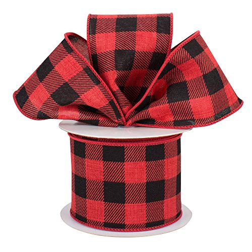 Image of Red Black Buffalo Plaid Wired Ribbon - 2 1 /2 inch x 10 Yards, Wreath Decor, Christmas Tree Wrapping, Gifts, Giftwrap, Farmhouse Decoration, Decorative Bows