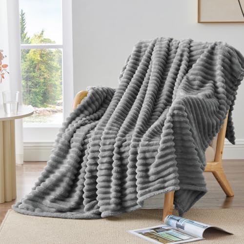 Image of BEDELITE Ribbed Twin Blanket for Couch & Bed, Grey, 66 inchx90 inch