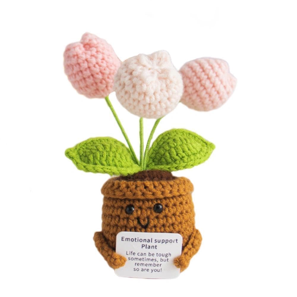 Handmade Positive Crochet Flowers, Knitted Tulips Potted Plant with Encouragement Card Mini Positivity Gift for Mum Women Friends Emotional Support Plush Doll for Desk or Car Decor (Pink Tulip)