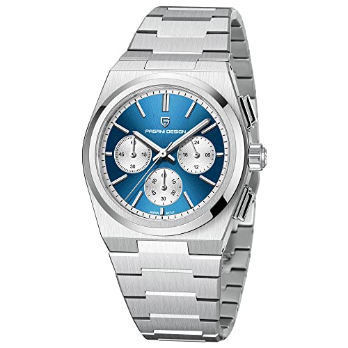 Pagani Design Uhren Herren Elegant Business Sports Quarzwerk Chronograph Armbanduhren Japan VK63 Mit Saphirglas Wasserdicht 100M Analogue Edelstahl (silberblau)