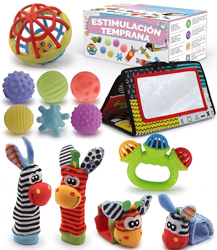 Imagen de Juguetes Estimulacion Bebe 0-6 Meses para Estimulacion Temprana Bebes es un Regalo inteligente con guía para sus primeros aprendizajes Montessori Bebe 0-6 Meses con Pelotas Sensoriales Sonajeros