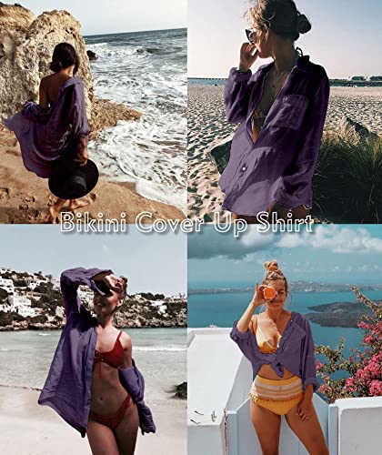 Image of Zoye Chen Women's Bikini Swimsuit Cover Up Button Down V Neck Shirts Long Sleeve Blouse Beachwear Bathing Suit