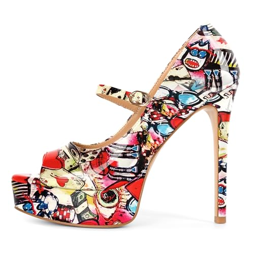 Image of SAMMITOP Women's Peep Toe High Heels Platform Stiletto Pumps Patent Mary Jane Heels 5.5 inch Party Wedding Dress Shoes