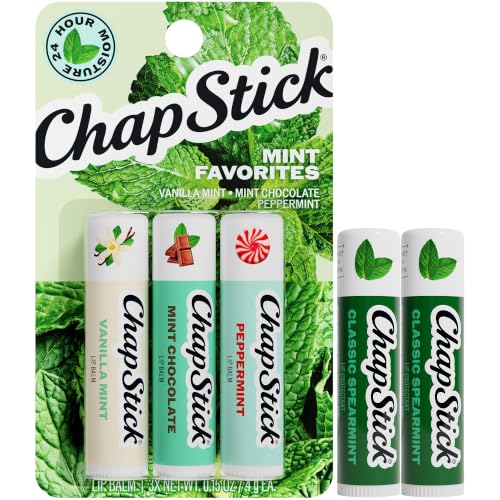 ChapStick Lip Balm Mint Favorites (Vanilla Mint Minty Delight and Peppermint) + 2 Classic Spearmint 0.15 Oz Ea (5 Piece Set)