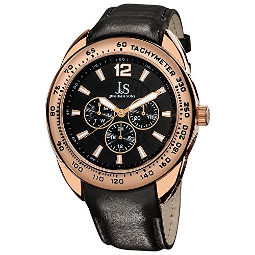 Joshua & Sons Men's Multifunction Watch - 3 Subdials Engraved on Tachymeter Bezel On Rose Gold Bezel Dial and Genuine Black Leather Strap - JS-45