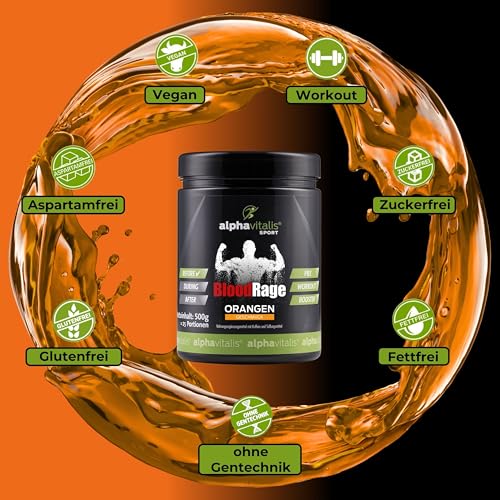 Foto von PRE WORKOUT BOOSTER 500g Blood Rage - leckerer Orangen Geschmack - Max Pump - mit Koffein, L-Arginin, L-Citrullin, Creatin Monohydrat, beta Alanin, Taurin, Bitterorangenextrakt, Guarana uvm.