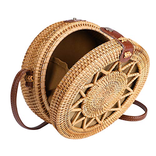 Round Rattan Bag for Women Straw Bag Handwoven Beach Bohemian Shoulder Purse by Enmain