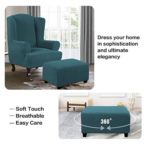 Image of H.VERSAILTEX Ottoman Cover Slipcover Rectangle Fit Length 33'-38' Footrest Sofa Slipcovers Stool Cover Footstool Protector Covers Feature Stretch Thick Jacquard Fabric Removable Washable - Deep Teal
