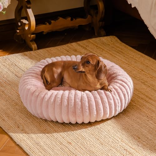 MEWOOFUN Hunde-Donut-Betten für kleine Hunde, beruhigendes Hundebett, rundes süßes Welpenbett mit Rutschfester Unterseite, Flauschiges (Rosa, 64x64x18cm)