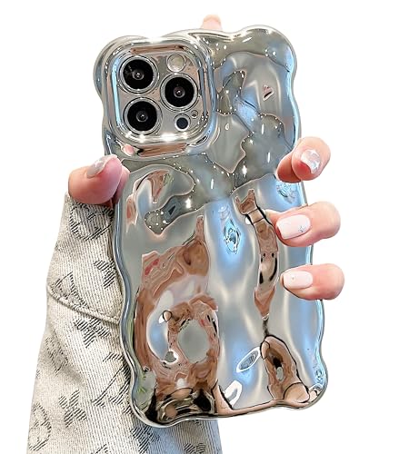UEEBAI Case for iPhone 15 Pro Max 6.7 inch, Cute Solid Color Curly Wave Shape Shockproof Soft Bumper Phone Case, Candy Water Ripple 3D Silicon Slim Pretty Case Aesthetic Cover, Silver