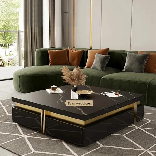 Image of Premium Marble-Top Wooden Center Table with Drawer for Living Room | Luxury Modern Coffee Table | Contemporary Design Craftsmanship - 36X36X17 Inch (Black)