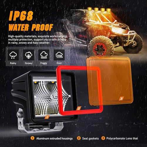 Image of Nilight 3 Inch Cube Amber LED Pod Light Bar 20 W 1240LM Super Flood Screw-Less Offroad Driving Work Lights w /16AWG DT Wiring Harness Kit for Truck UTV 4x4 ATV Motorcycle