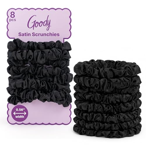 Goody Ouchless Skinny Satin Scrunchies Frizz Fighting No Damage Scrunchies Gentle Secure & Creaseless Hair Ties for Day and Overnight All Hair Types Gifts for Women & Girls 8 Ct Black
