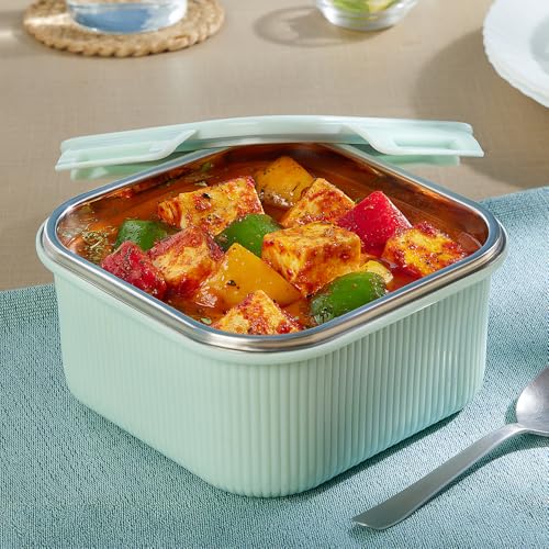 Image of Larah by BOROSIL Freshbyte Food Storage Container with Airtight Stainless Steel Lid | Fridge Container for Lunchbox | Food Grade | Microwave Safe (Green, 800 ml, Square)