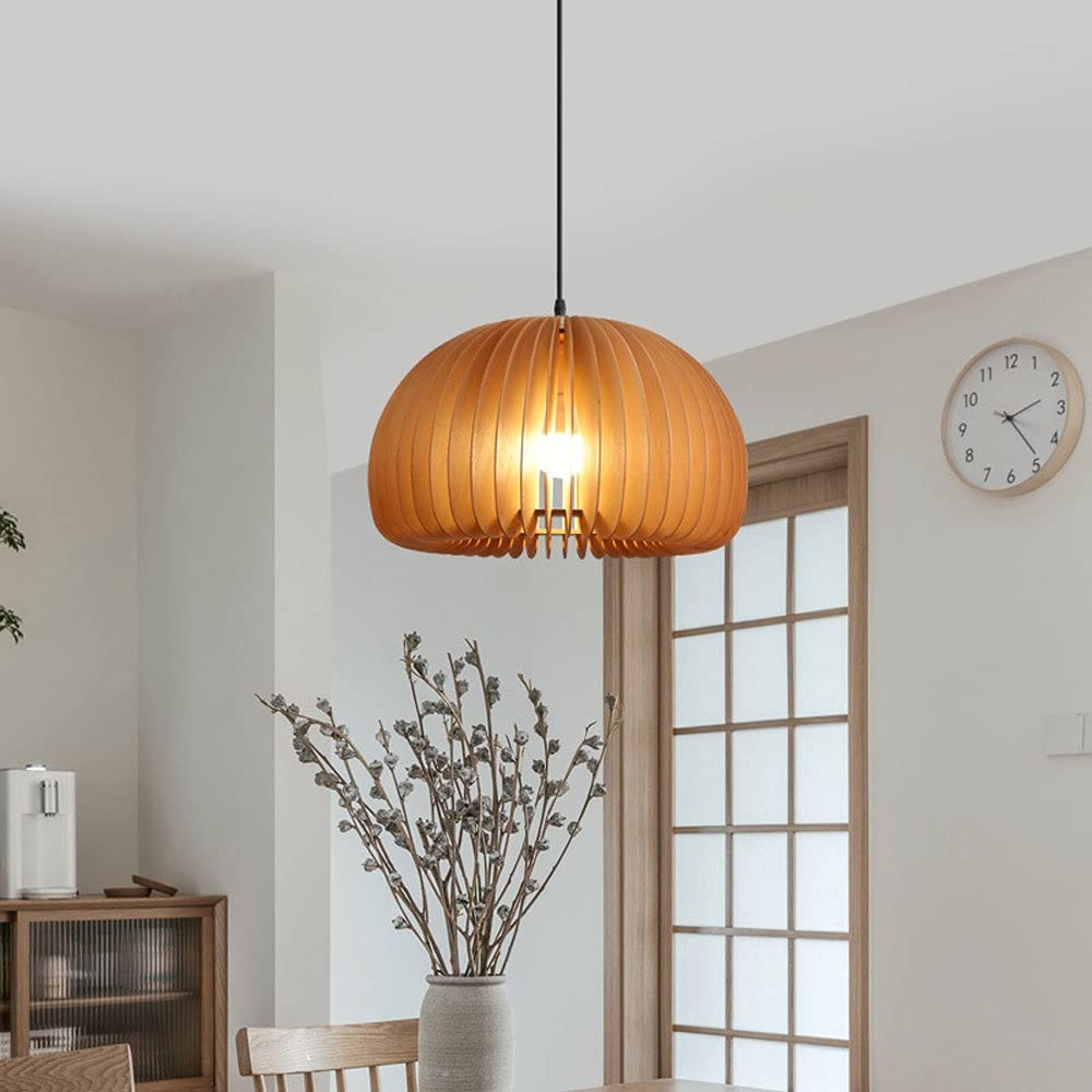 Dyniowa okrągła lampa wisząca Nowoczesna lampa sufitowa z drewnianą ramą, mini żyrandol z regulowanym łańcuszkiem, kreatywne wiszące oprawy oświetleniowe E27 do jadalni na wyspie kuchennej (rozmiar: