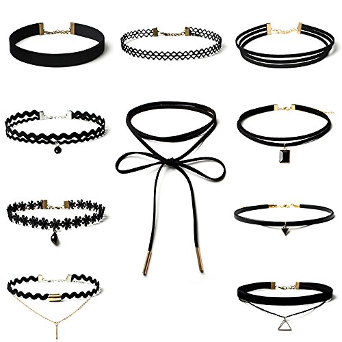 Topways® 10 Stück Gothic Halskette Choker Set,Schwarz Classic Velvet Stretch Gothic Tattoo Spitze Choker Für Frauen Mädchen Party Kleid Dekorationen
