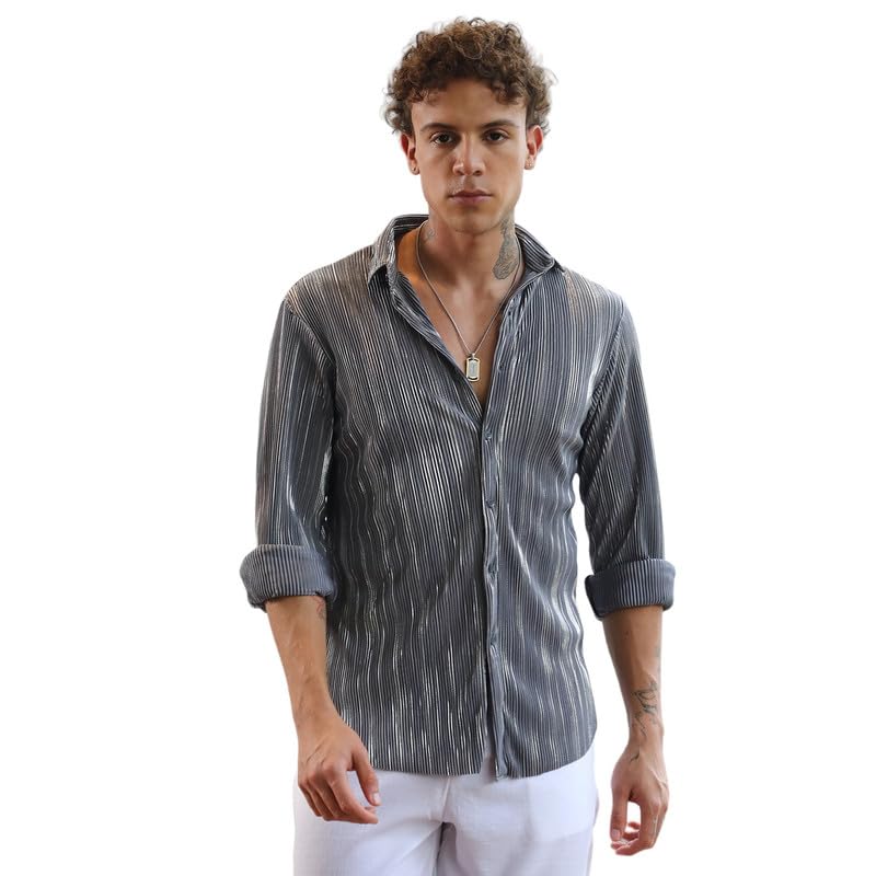 Campus Sutra Men's Solid Creased Shirt | Casual Wear | Spread Collar | Long Sleeve | Button Closure | Shirt Crafted with Comfort Fit for Everyday Wear in neutral
