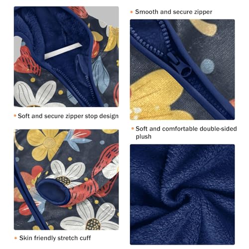 Boys Girls Fleece Jacket Hand Drawn Strawberry and White Yellow Flowes Kids Warm Hooded Outwear Coat3