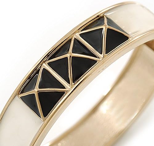 Avalaya White Enamel, Black Square Pyramid Stud Hinged Bangle Bracelet In Gold Plating - 19cm L, black, white / ivory, gold - Image 5