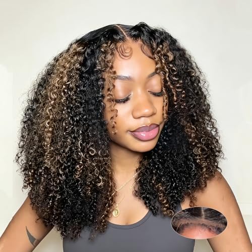 MENGLLE 4C Edges Glueless Kinky Curly Human Hair Wig 7x6 HD Lace Front Glueless Wigs Pre-Plucked Wear and Go Drawstring Wig for Black Women 18Inch 1B30