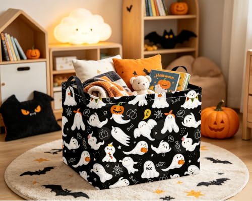Image of Rectangular Halloween Basket for Boys and Girls Kids Trick or Treat Pumpkin Basket for Halloween Parties Cute Storage Bin Organizer Box Room Decor(Black Ghost)
