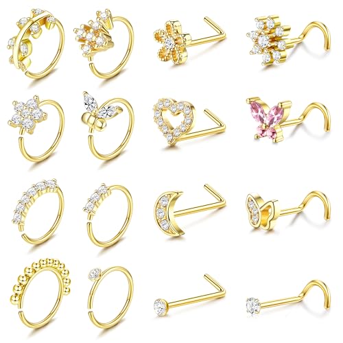 ORAZIO Nose Rings for Women - 14K Gold Filled Hypoallergenic Surgical Steel Nose Ring Hoops 20G Small Cute CZ L Shaped Nose Studs Nostril Piercing Jewelry for Women Men 16Pcs (Gold Tone)