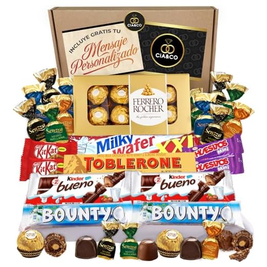 Lote envuelto Regalo Original, con +20 Bombones y Chocolates Ferrero Rocher, Toblerone, Kinder Bueno, Bounty Coco, Mars, Twix y Barritas Kit Kat y Huesitos. Para personas Exigentes