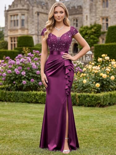 Image of Miusol Women's Vintage V-Neck Slim Ruffle Split Evening Formal Maxi Dress